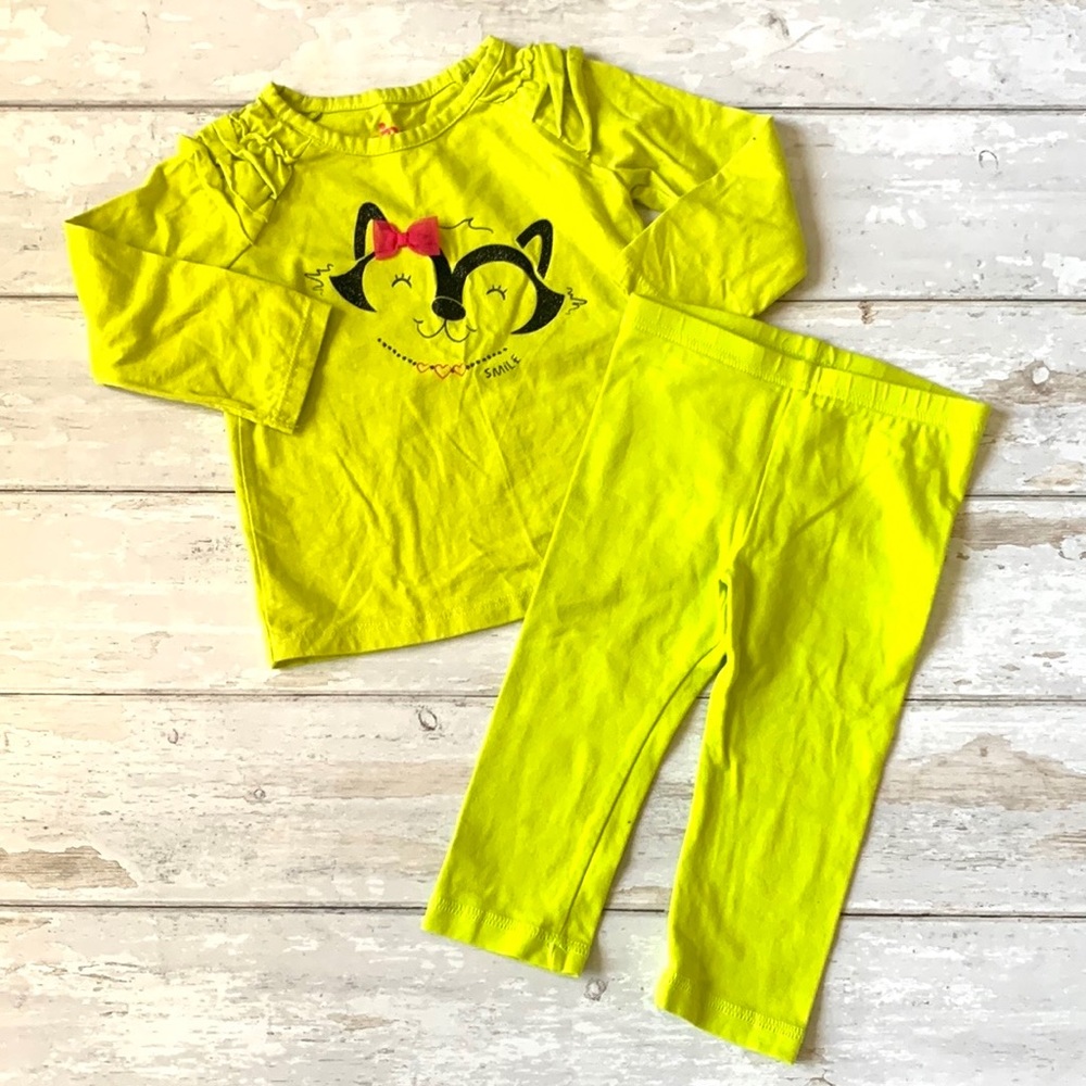 Baby Girls 18m Outfit Neon Yellow Green Leggings Long Sleeve Cat Shirt Circo